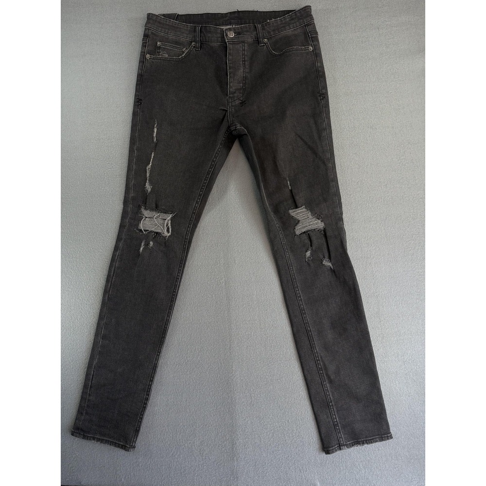 Ksubi‎ Jeans Mens 33x31 Charcoal Gray Wash Skinny Slim Distressed Stretch Denim